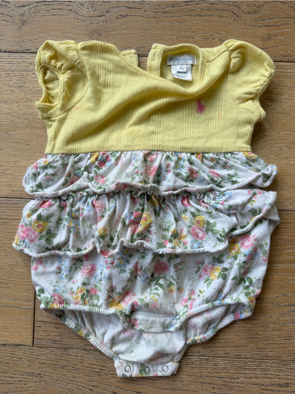 Ralph Lauren Yellow Knit Bodice Floral Ruffle Baby Romper